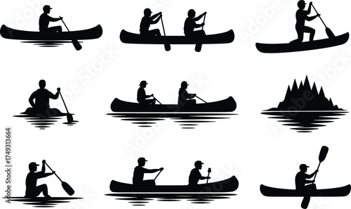 Silhouettes of people canoeing and kayaking on water in various poses and activities