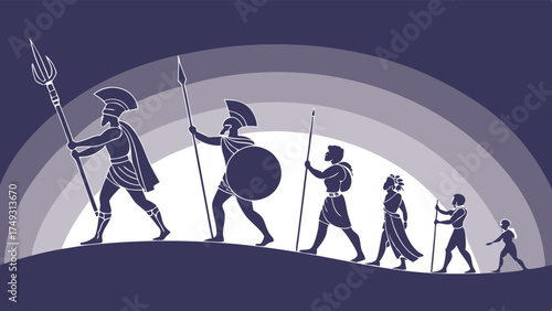 Monochromatic Ancient Greek Figures Progressing on Arc Path of History Evolution Leadership Teamwork and Cultural Heritage