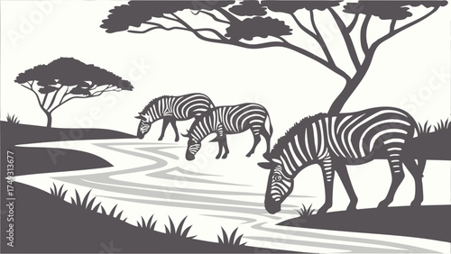 Zebras Drinking Water from River in African Savanna Landscape Black and White Wildlife Nature Illustration for Travel Conservation and Environmental Design