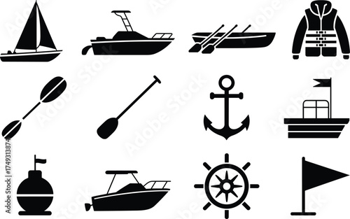 Nautical icons collection boat sailboat anchor oar buoy ship wheel flag jacket