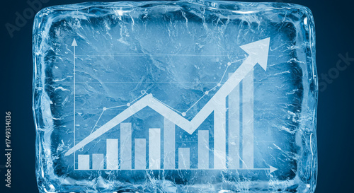 Frozen chart encased in ice block, concept of economic stagnation and halted market progress