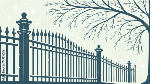 Elegant Wrought Iron Fence in Winter Landscape with Falling Snow and Bare Tree. Classic Property Boundary Illustration for Security and Design.