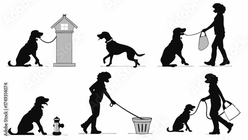 Responsible Dog Ownership Silhouettes: Woman Walking Dog on Leash, Picking Up Waste. Pet Care, Obedience Training, Urban Lifestyle Vector Set.