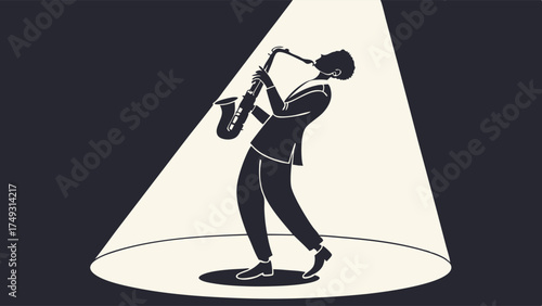 Graphic Silhouette of Elegant Jazz Saxophone Player Performing Live on Stage Under Spotlight for Music Event Nightlife
