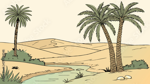 Desert Oasis Illustration with Lush Palm Trees, Flowing Stream, and Sandy Dunes. Represents Hope, Refreshment, and Tranquil Travel Destination.
