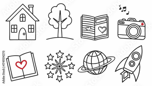 Hand Drawn Doodle Icons Set. Home, Nature, Creativity, Dreams, Travel, Space, Reading, Music. Engaging Line Art Collection for Kids and Digital Projects.
