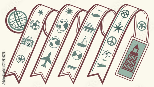 Illustrated Winding Travel Ribbon with Global Destination Icons for Tourism Marketing Vacation Planning and Adventure Journeys