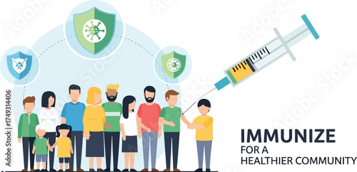 Vector art of immunize for a healthier community with people and syringe isolated on white