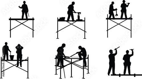 Silhouette vector illustration of construction workers on scaffolding using tools, drilling, measuring, collaborating, building, repairing, and performing teamwork safely