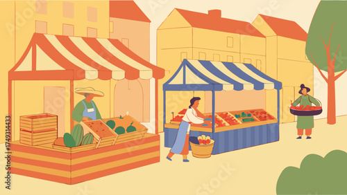 Local Farmers Market Vendors Selling Fresh Organic Produce. Happy Shoppers Buying Healthy Fruits and Vegetables. Community Small Business Support.