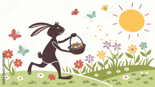 Joyful Easter Bunny Running with Egg Basket Through Sunny Spring Meadow with Blooming Flowers for Holiday Marketing and Children's Events.