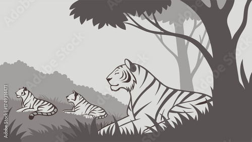 Peaceful Mother Tiger and Two Cubs Resting in Wild Jungle. Wildlife Family in Natural Habitat. Conservation, Protection, Nature Education.