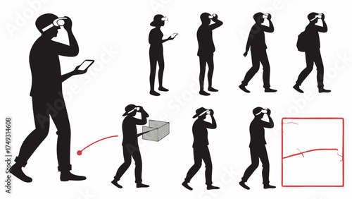 Silhouettes of People Using VR AR Headsets and Smartphones for Immersive Digital Experiences. Future Technology, Metaverse, Mixed Reality, and Innovation.