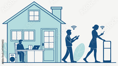 Hybrid Work Lifestyle With Man In Home Office And People Using Mobile Devices For Seamless Digital Connectivity