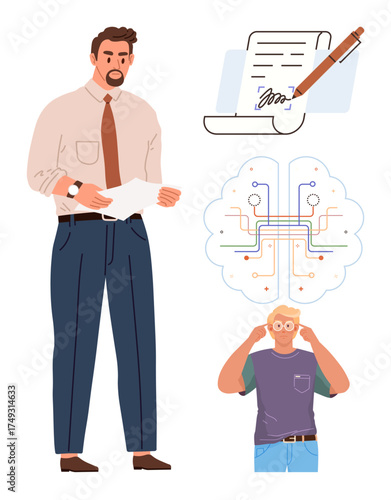 Man holding paper, signing document on clipboard, digital circuit brain cloud, and excited person exploring ideas. Ideal for technology, innovation, teamwork, business, creativity AI education