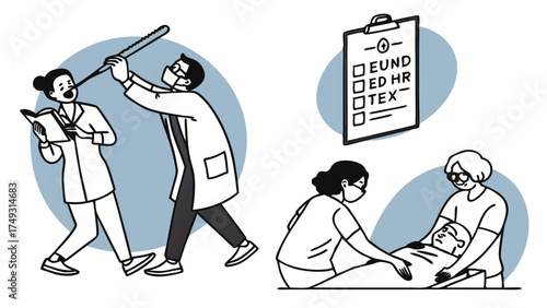 Doctors and Nurses Performing Medical Examinations, Eye Tests, and Patient Care. Professional Healthcare Services for Patient Wellness.