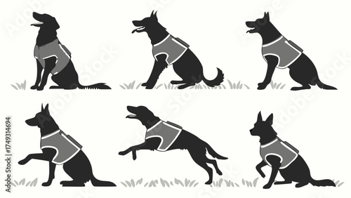 Trained Service Dog Silhouettes Demonstrating Obedience Commands. Pet Care, Animal Training, and Veterinary Education Graphics. Loyal Assistance Dogs.