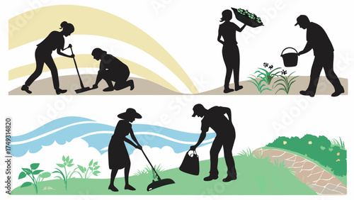 Volunteers Cleaning Outdoors, Gardening, and Maintaining Public Spaces. Community Service for Environmental Protection and Sustainable Living.