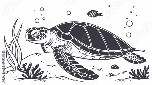Calm Sea Turtle Underwater with Coral and Fish. Serene Marine Life Vector Line Art for Nature Conservation, Education, and Web Design