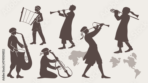 Global Music Festival Silhouettes Diverse Musicians Playing Traditional Instruments World Culture Celebration Entertainment Design