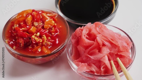 Close up of Sichuan spicy hot sauce, soy sauce, pickled red ginger. High quality 4k footage