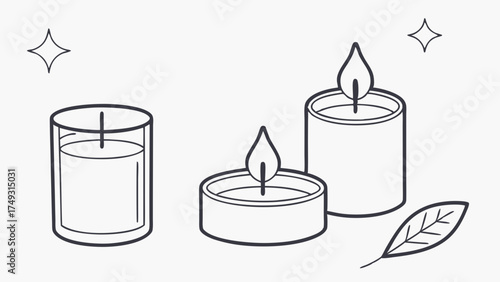 Minimalist Line Art of Three Burning Candles and Autumn Leaf for Peaceful Relaxation Wellness Spa Home Decor and Cozy Ambiance