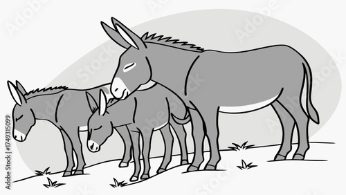 Peaceful Donkey Family Illustration. Adult and Two Young Donkeys Standing Calmly in Nature. Gentle Farm Animals for Children's Books and Education.