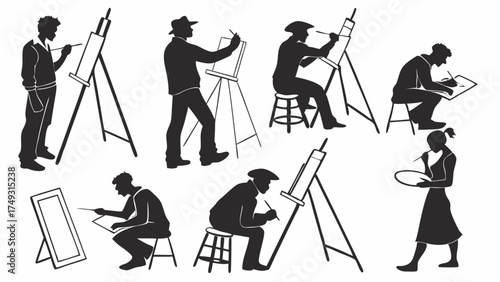 Artists Silhouettes Drawing Painting Sketching on Easels Creative People Illustrating for Art Education Design and Hobby