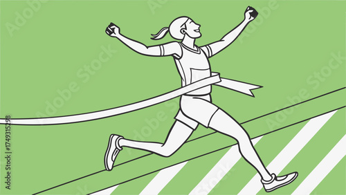 Triumphant Woman Athlete Crossing Finish Line Celebrating Victory. Success, Achievement, Motivation for Business Goals, Personal Development, Sports.