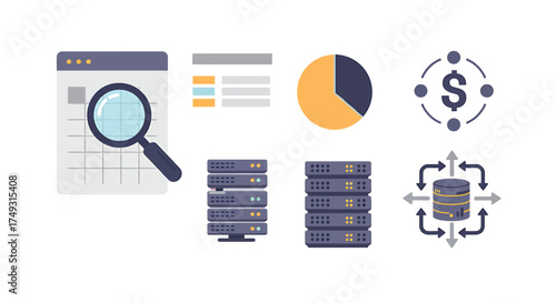 A collection of flat stylized icons representing data analysis finance and server infrastructure