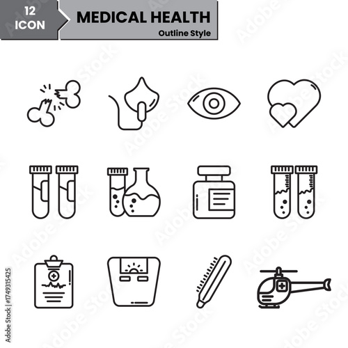 Medical Health Outline Icons Set - 12 Healthcare, Lab, Emergency Symbols