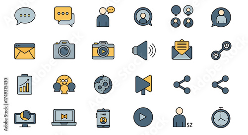 A grid of 24 colorfilled outline icons related to communication and technology