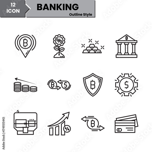 Banking Outline Icons Set - 12 Finance, Crypto, Money, Payment Symbols