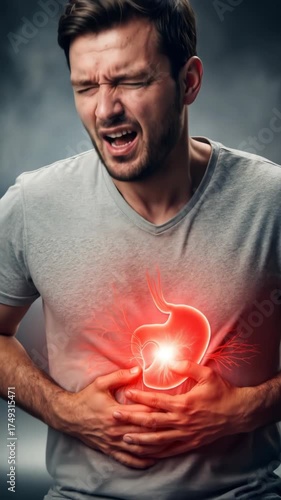 Man screaming in pain from stomach ache, holding stomach with glow effect, and having visible stomach organ discomfort footage
