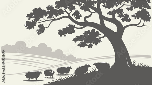 Peaceful Flock of Sheep Walking Uphill in Rural Pasture with Tree Silhouette. Nature and Agriculture Graphic for Sustainable Growth.