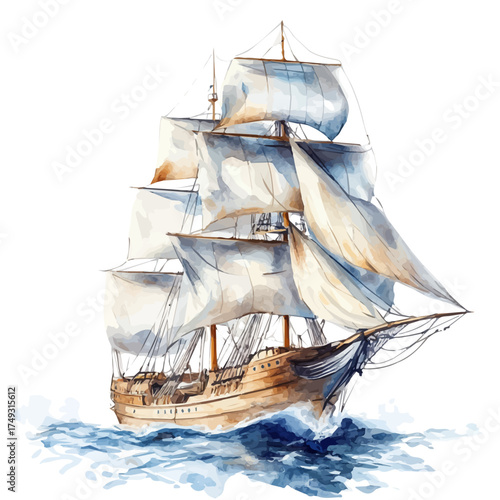 watercolor of Clipper Ship, vector, isolated on a white background.