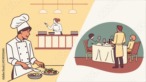 Professional Chef Cooking in Kitchen and Waiter Serving Guests in Restaurant Dining Room Hospitality Business Fine Dining Experience