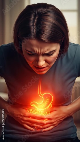 Woman experiencing stomach pain, showing illuminated digestive organs, human anatomy and health problem concept footage