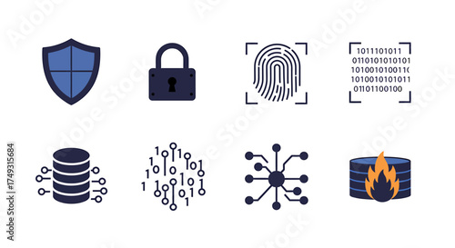 Eight dark blue and orange icons related to digital security and data management are arranged in two rows