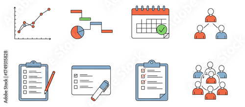 Eight vector icons related to charts schedules checklists and team organization