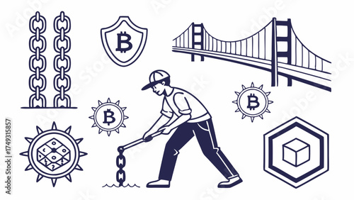 Blockchain Technology and Crypto Mining Elements with Bitcoin Symbols, Golden Gate Bridge, and Web3 Financial Innovation.