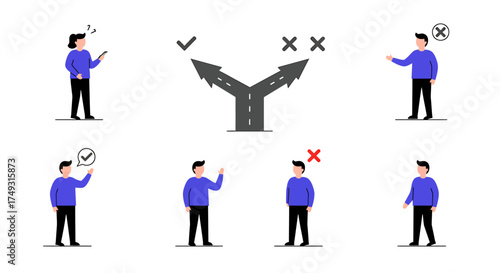 Flat design icons illustrating choice decisionmaking approval and rejection scenarios