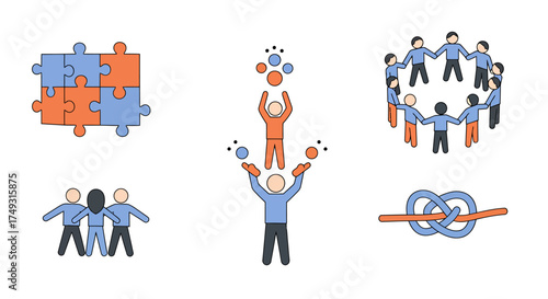 Five icons illustrating teamwork connection juggling and knots against a white background