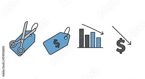 Four icons depicting price reduction and financial decline