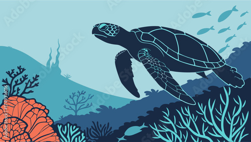 Sea Turtle Swimming in Serene Underwater Coral Reef. Marine Life Conservation, Ocean Ecosystem, and Aquatic Environment Vector Illustration for Nature Education and Travel.