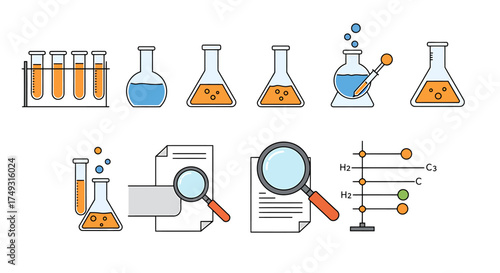 Flat vector icons depicting laboratory glassware research documents and molecular structures