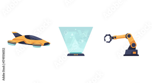 Futuristic yellow flying car holographic display and industrial robotic arm