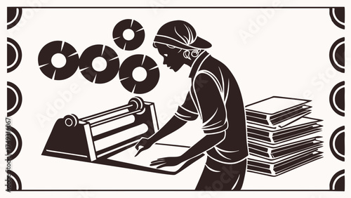 Focused Woman Designer Working on Creative Project with Rolling Machine and Gears. Production Workflow Illustration.