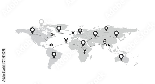Global map with currency symbols and location pins connected by dotted lines
