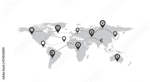 Global map showing interconnected currency exchange points with currency symbols
